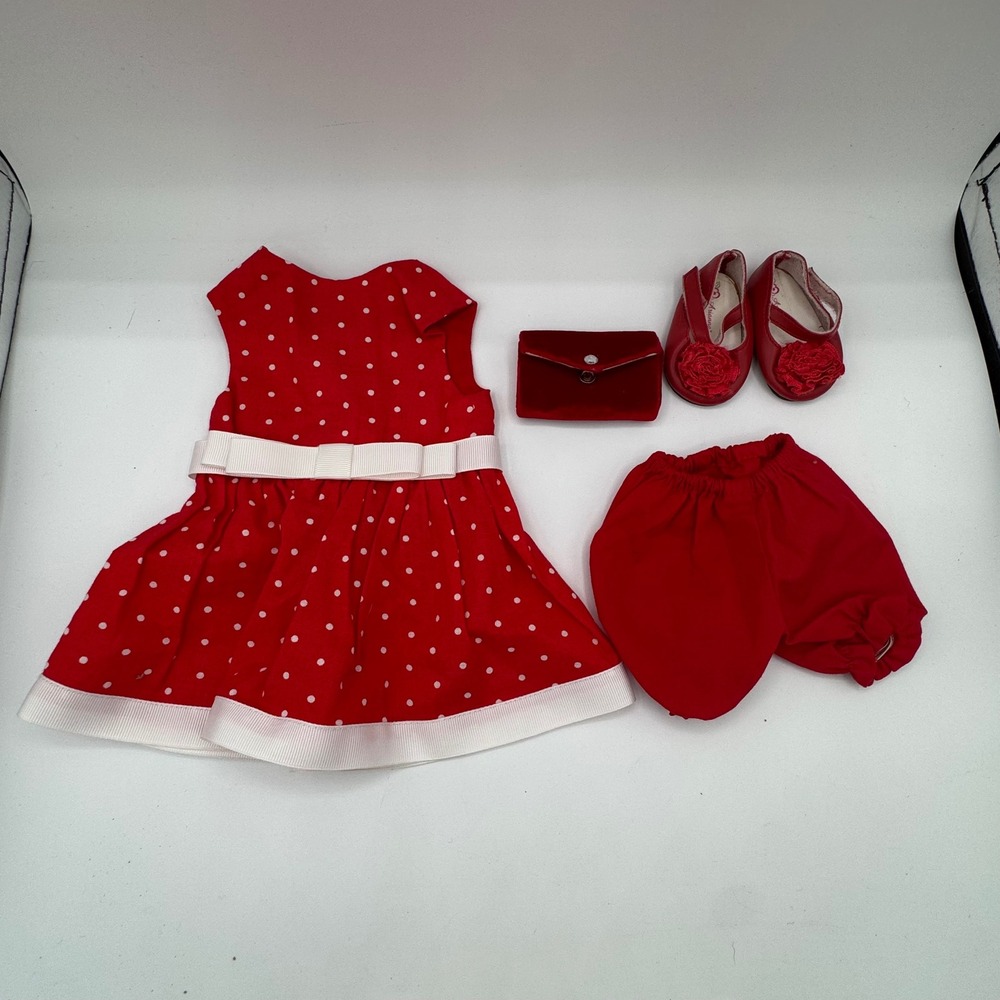 Pinkismart 18 Inch Doll Outfit Red Polka Dot Dress Bloomers Arianna Shoes Purse